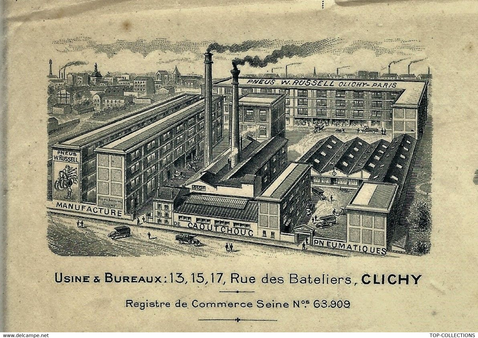 PARIS POLLUTION 1926 SUPERBE ENTETE LITHOGRAPHIEE W.RUSSEL PNEUMATIQUES MANUFACTURE DE CAOUTCHOUC à Clichy Paris =>PALIS - 1900 – 1949