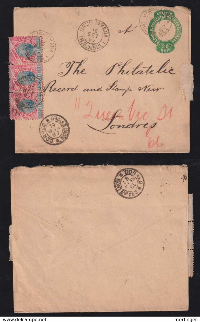Brazil Brasil 1897 Uprated Stationery Wrapper URUGUYANA Via MONTEVIDEO Uruguay To LONDON - Brieven En Documenten