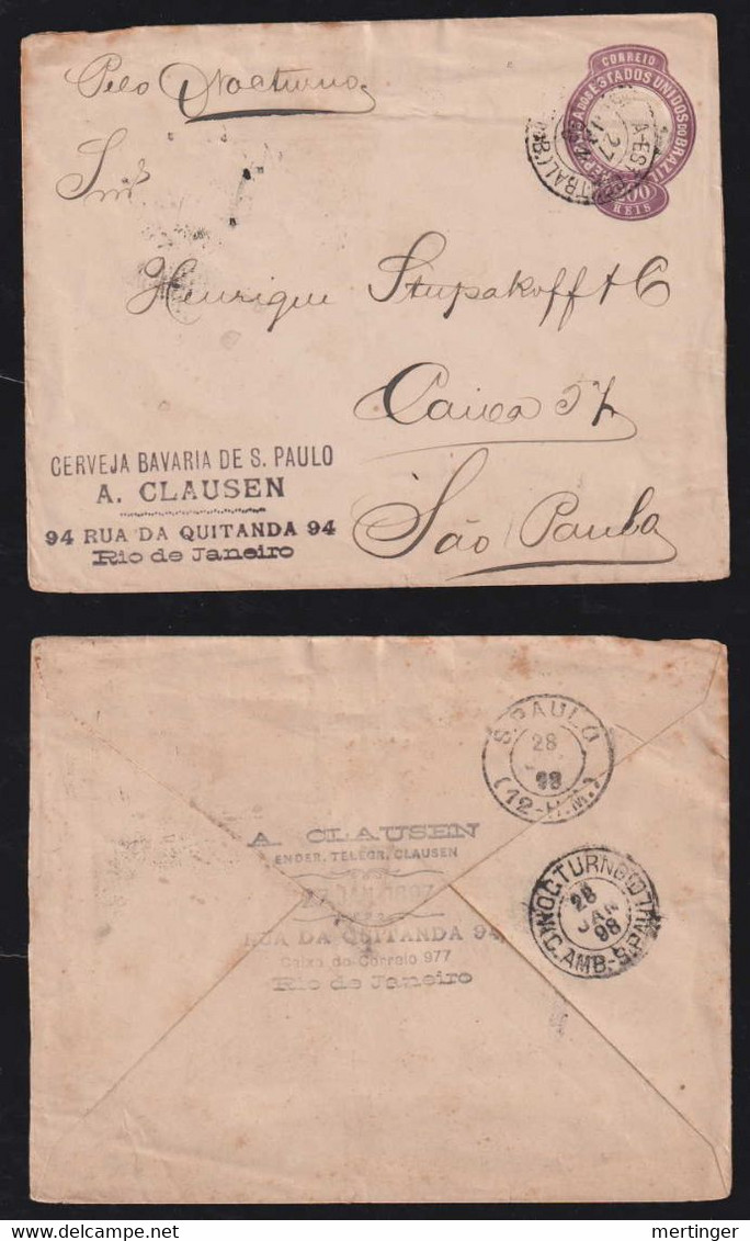 Brazil Brasil 1898 Stationery Envelope AMBULANTE NOCTURNO Rio X Sao Paulo Railway Postmark Cerveja Bavaria Clausen - Brieven En Documenten