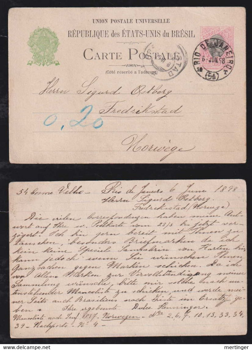 Brazil Brasil 1898 Stationery Postcard RIO X FREDERIKSTAD Norway Unusual Destination - Storia Postale