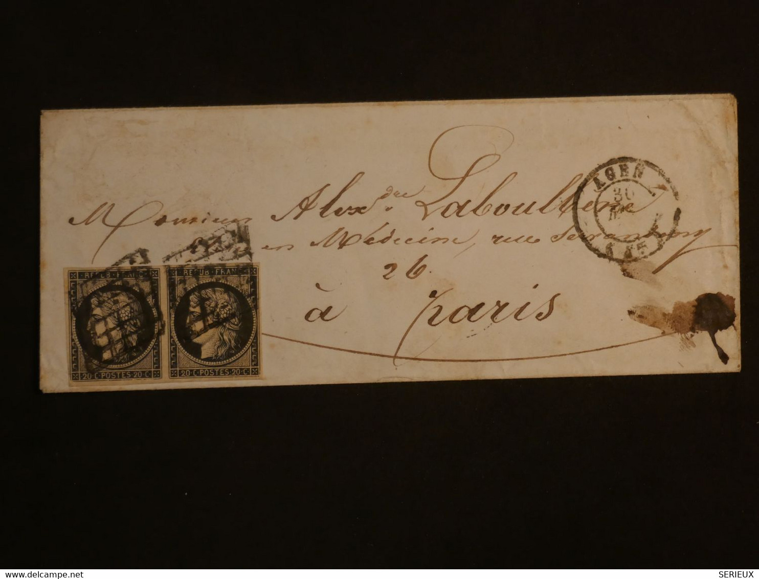 C FRANCE BELLE LETTRE COVER  RARE 1ER JUIN 1849 AGEN A PARIS ++++BELLE PAIRE CERES N° 3 OB. GRILLE ++AFF. INTERESSANT++ - 1849-1850 Ceres