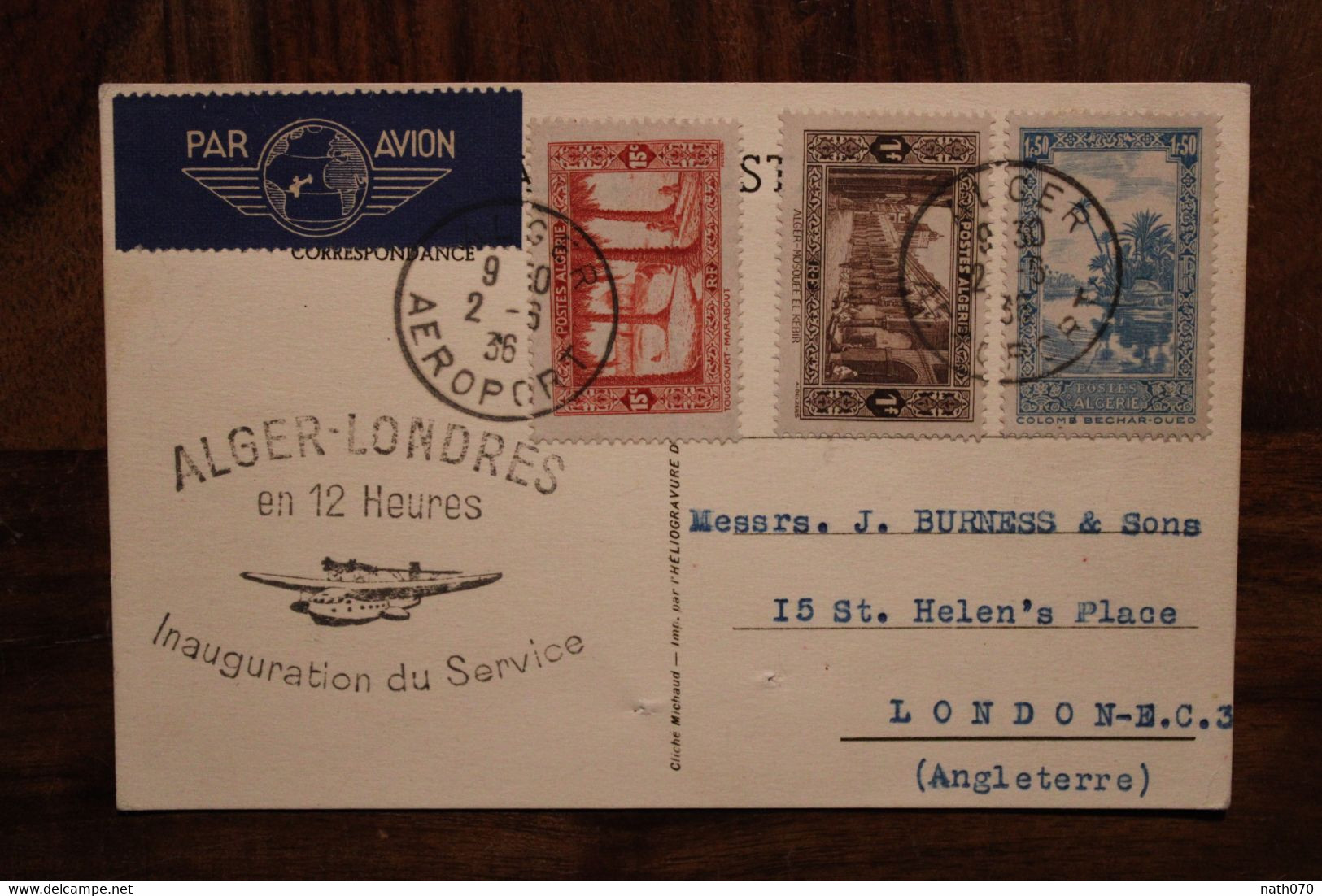 Cpa 1936 Alger Londres En 12 Heures Inauguration Du Service Air Mail Cover Mit Luftpost Par Avion Flugpost Hydravion - Covers & Documents