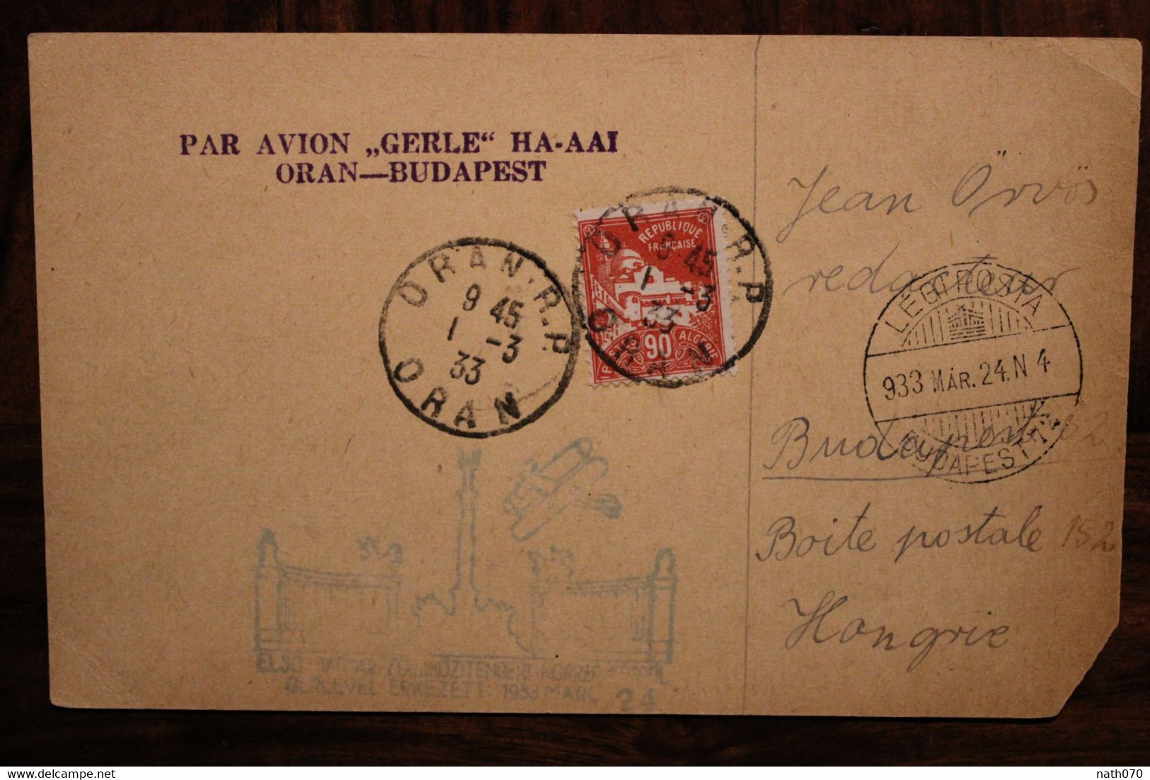 1933 Par Avion Gerle Ha AAi Oran Budapest Algérie France Air Mail Cover Mit Luftpost Par Avion Flugpost Legiposta - Luftpost