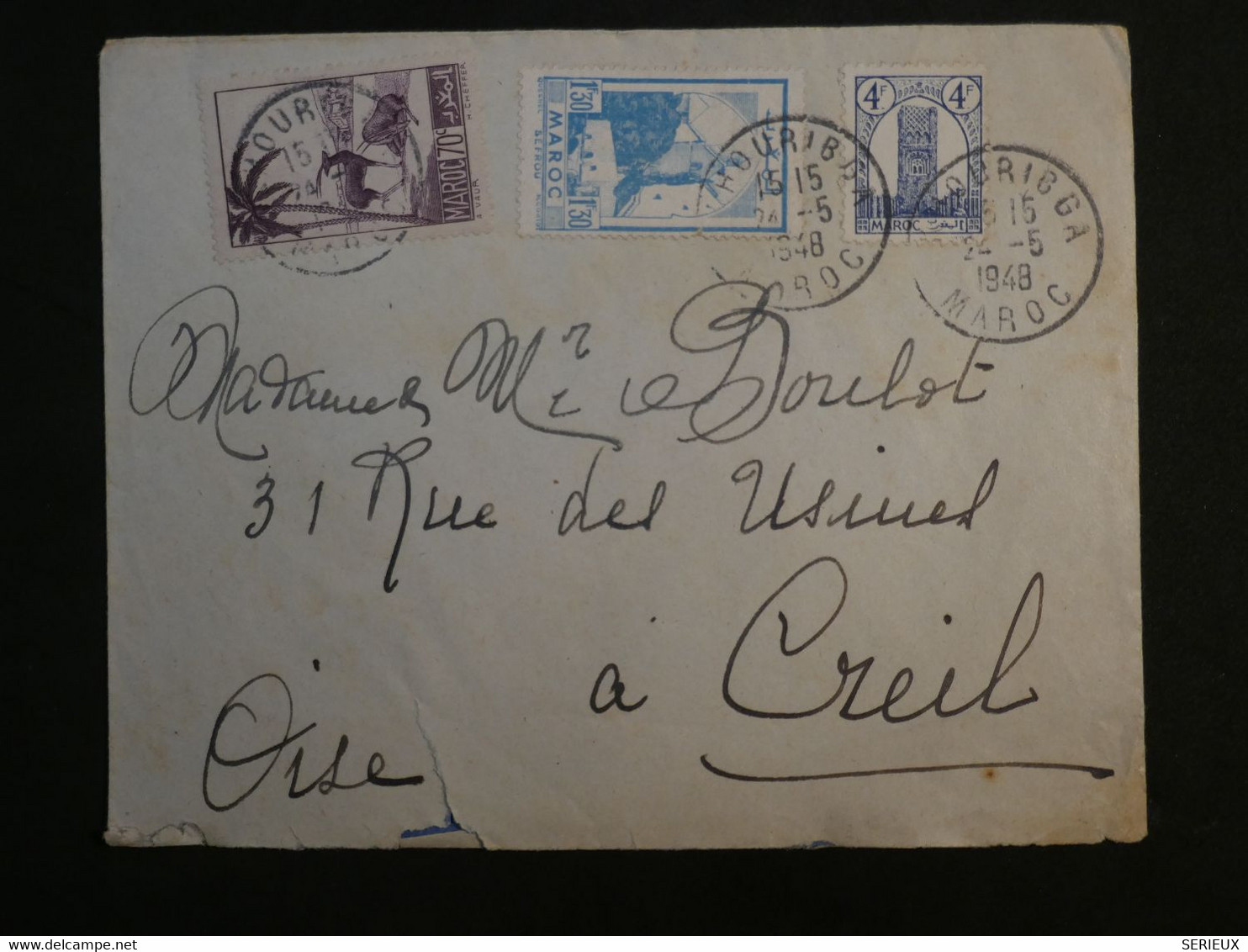 BK1 MAROC   BELLE LETTRE  1948   BHOURIBGA   A CREIL  FRANCE ++AFF. PLAISANT++ - Brieven En Documenten