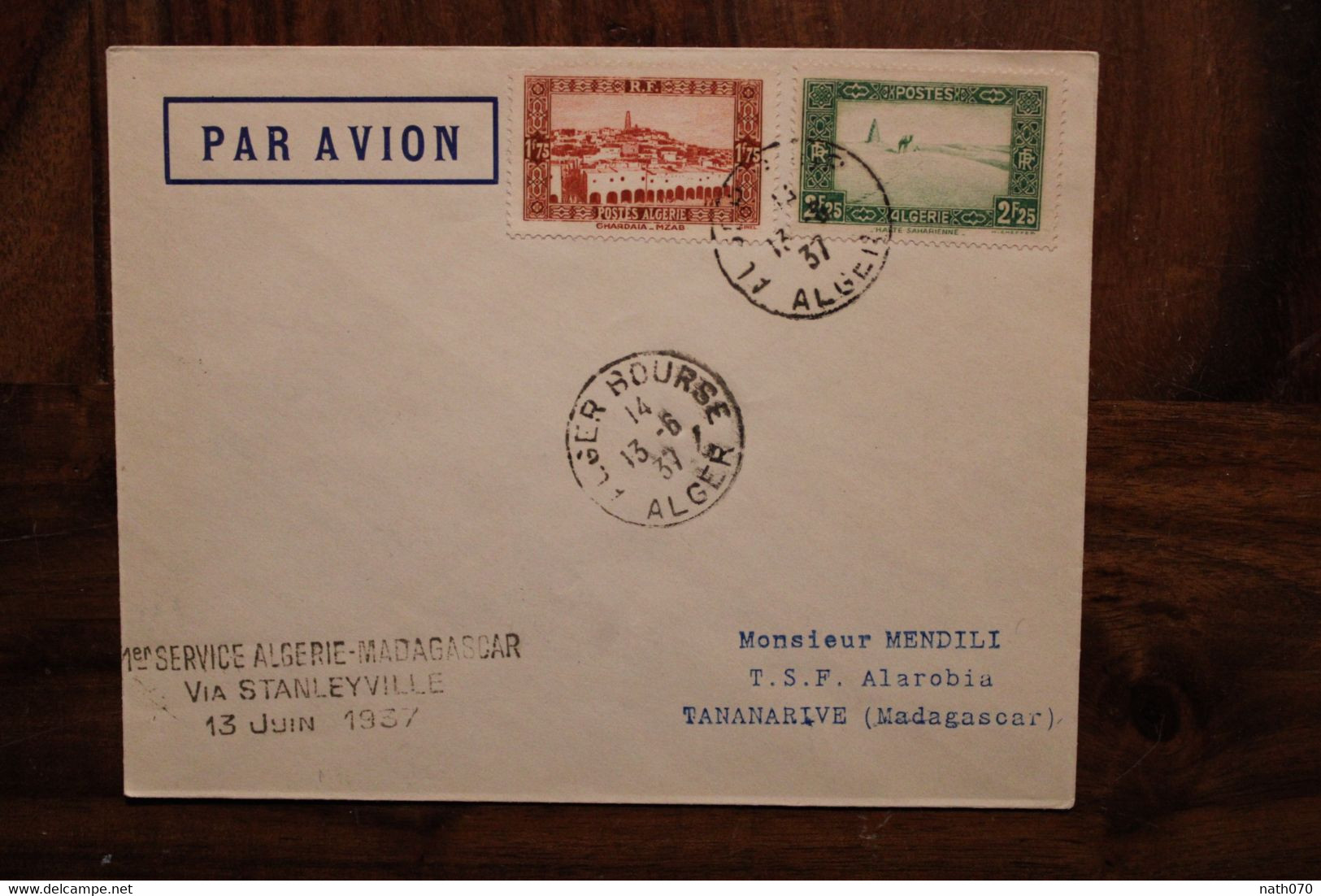 1937 1er Service Algérie Madagascar France Via Stanleyville  Enveloppe Cover Colonie Par Avion Air Mail - Luftpost