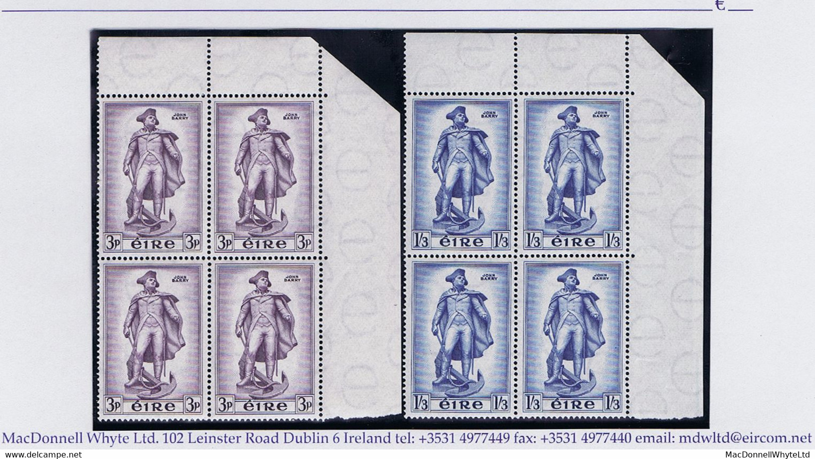 Ireland Naval 1956 John Barry Set Of Two In Matching Corner Blocks Of 4 Mint Unmounted Never Hinged - Nuevos