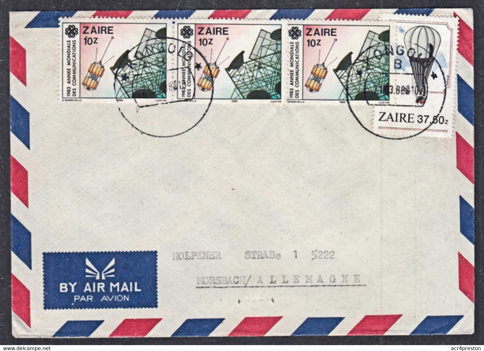 Ca5062  ZAIRE 1988, Telecommunications And Balloon Stamps On Kongolo Cover To Germany - Brieven En Documenten