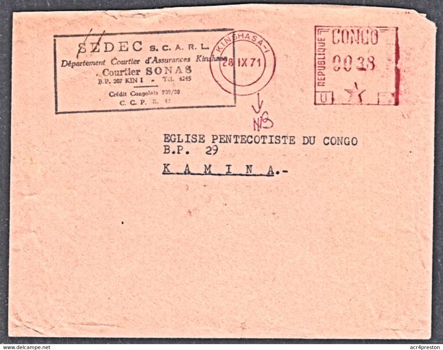 Ca0509  CONGO 1971,  Machine Cancellation On Cover Kinshasa 1 To Kamina - Brieven En Documenten