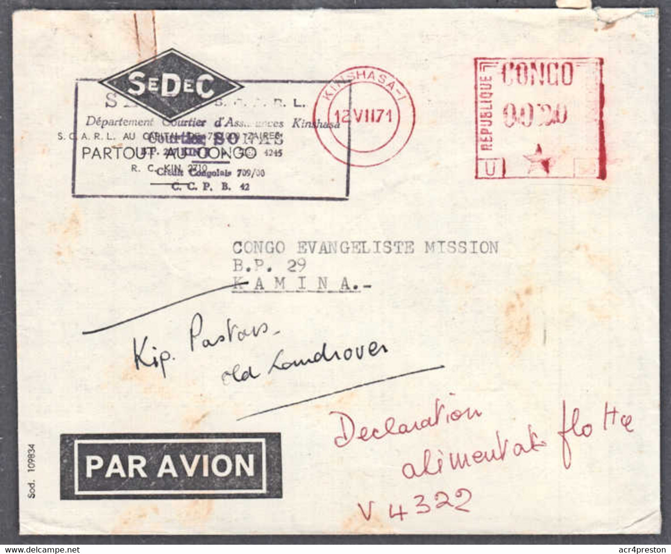 Ca0215  CONGO 1971,  Machine Cancellation, Kinshasa 1 To Kamina - Cartas & Documentos