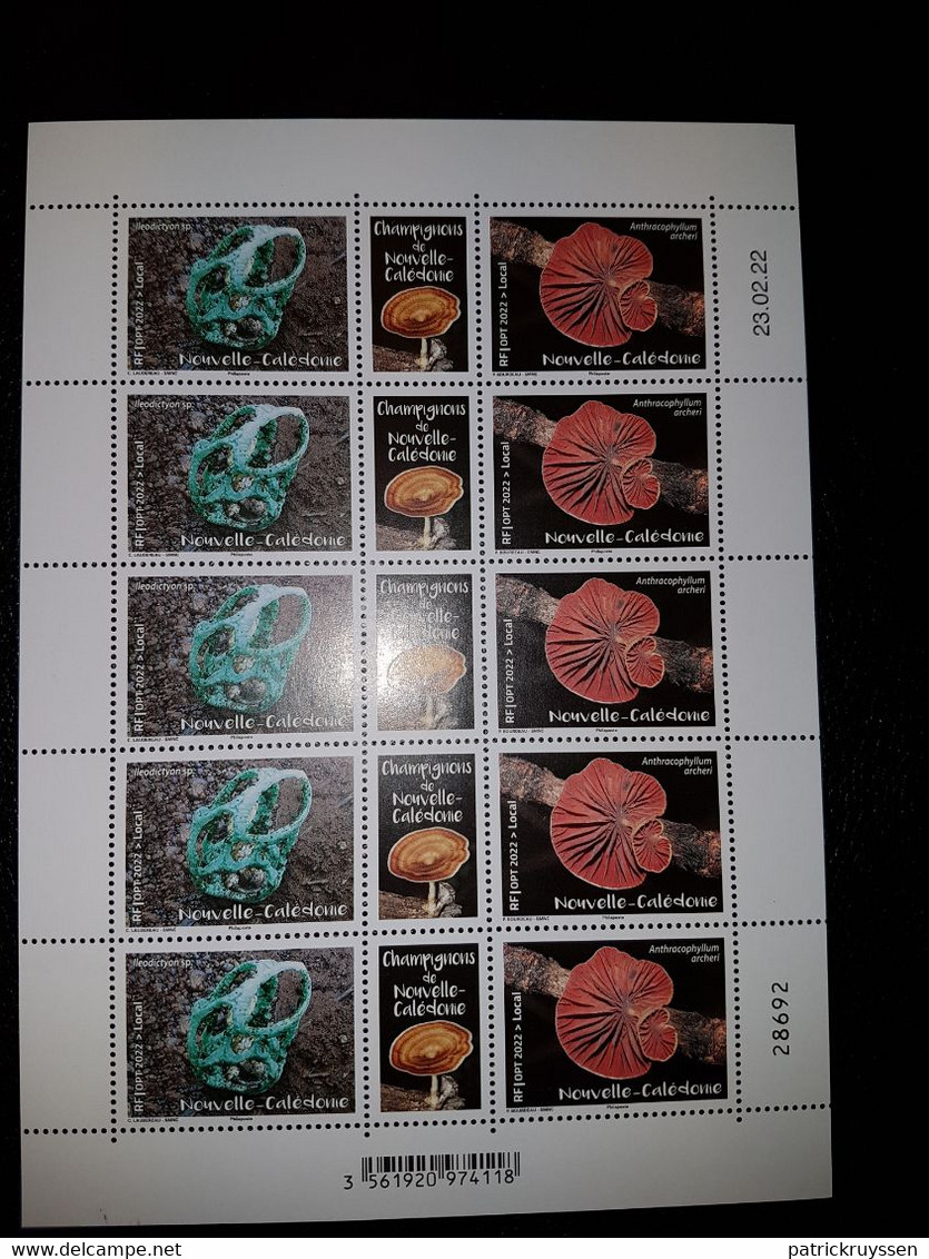 Caledonia 2022 Caledonie Mushroom Champignon PILZE FUNGI Ileodictyon 5x2v +label FULL SHEET - Unused Stamps