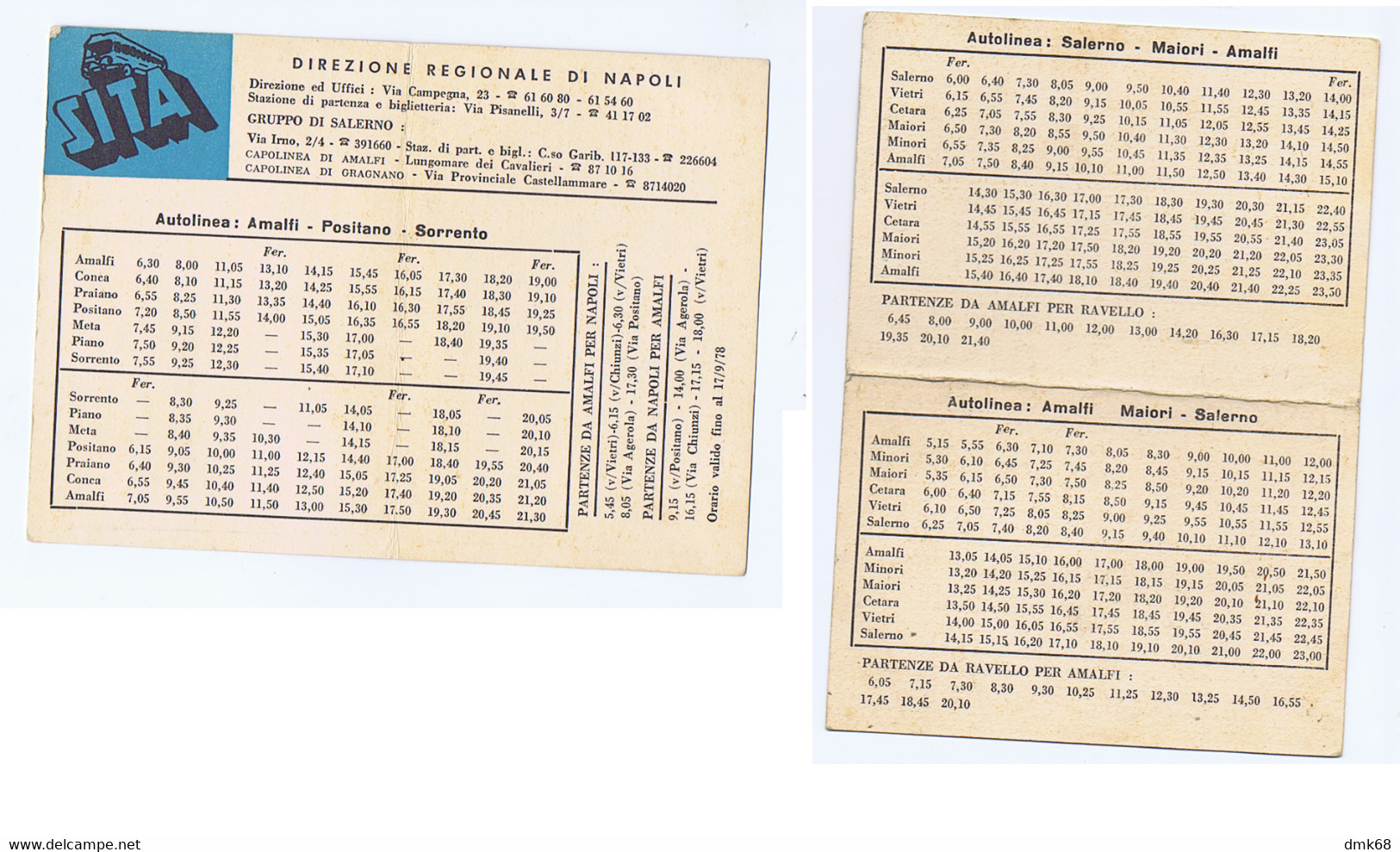 SITA TRAPORTI AUTOBUS - AUTOLINEA SALERNO MAIORI AMALFI POSITANO SORRENTO - ORARI - 1978 ( 14006) - Europa