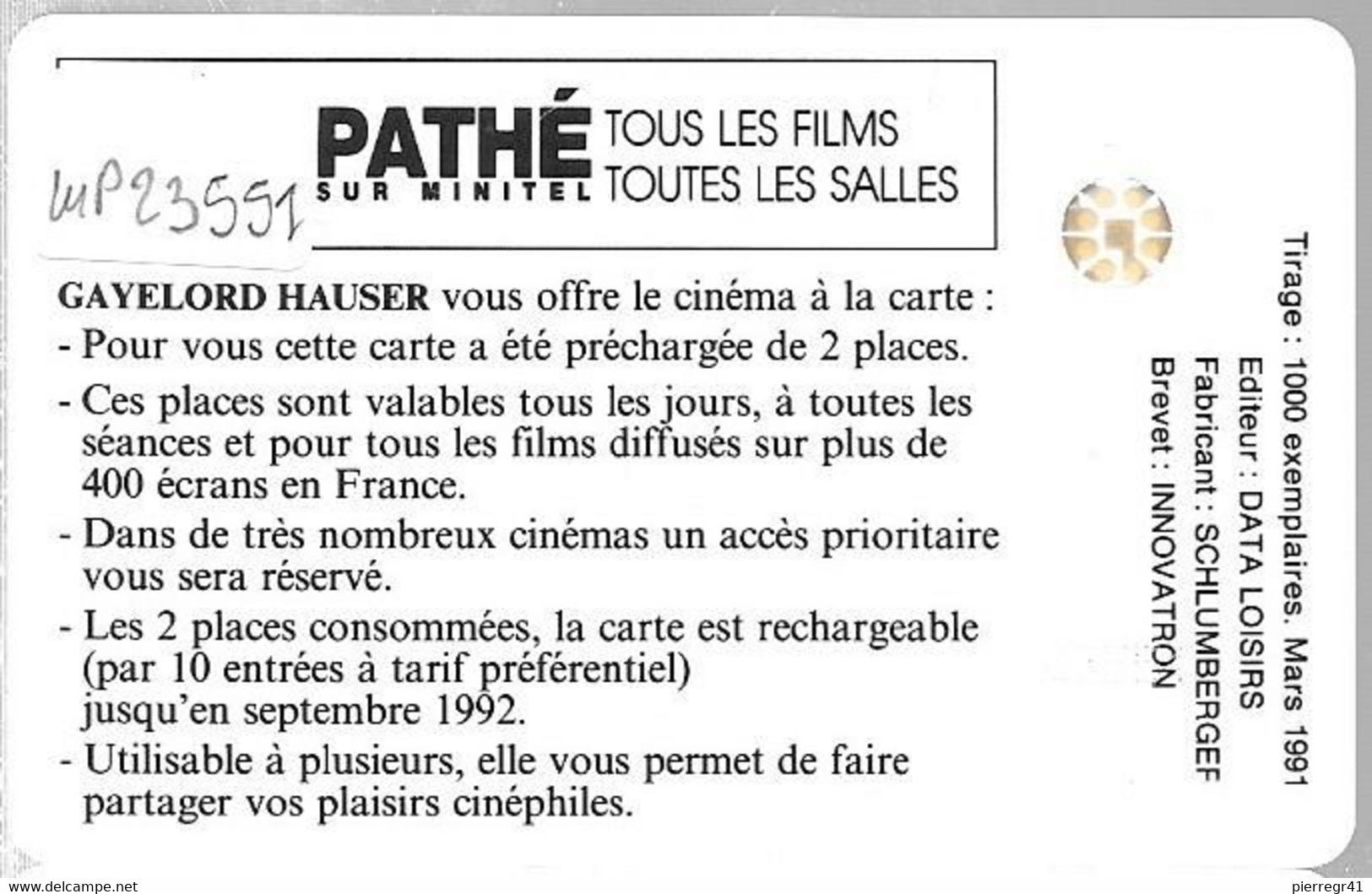 CARTE-FR- CINEMA-PATHE-SC4Ab-N° Impact 23551-GAYELORD-Tirage 1000Ex-R°/V° Glacé-NEUVE-LUXE/RARE - Kinokarten