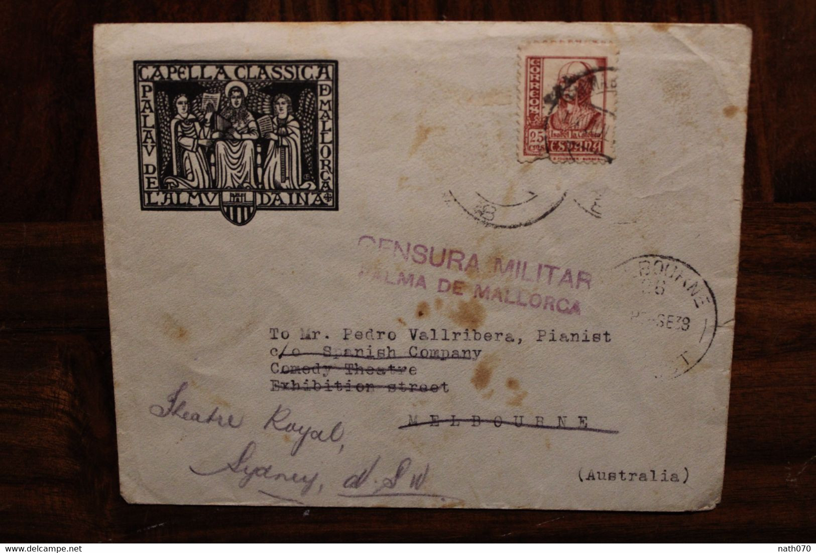 1938 Espagne Cover Censure Censor Censure Zensur Censura Militar Palma De Mallorca Almudaina Melbourne Australia - Nationalists Censor Marks