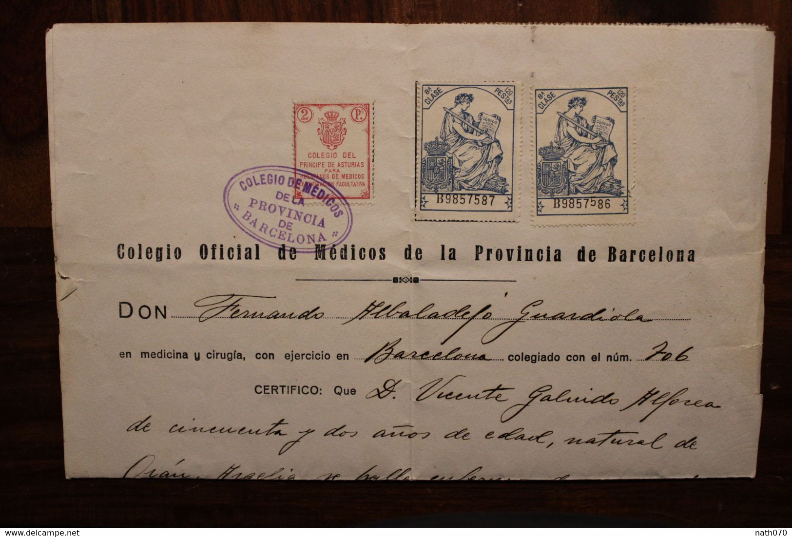 1930 Colegio De Medicos De La Provincia De Barcelona Sello Fiscal Espagne Cover Certificado - Revenue Stamps