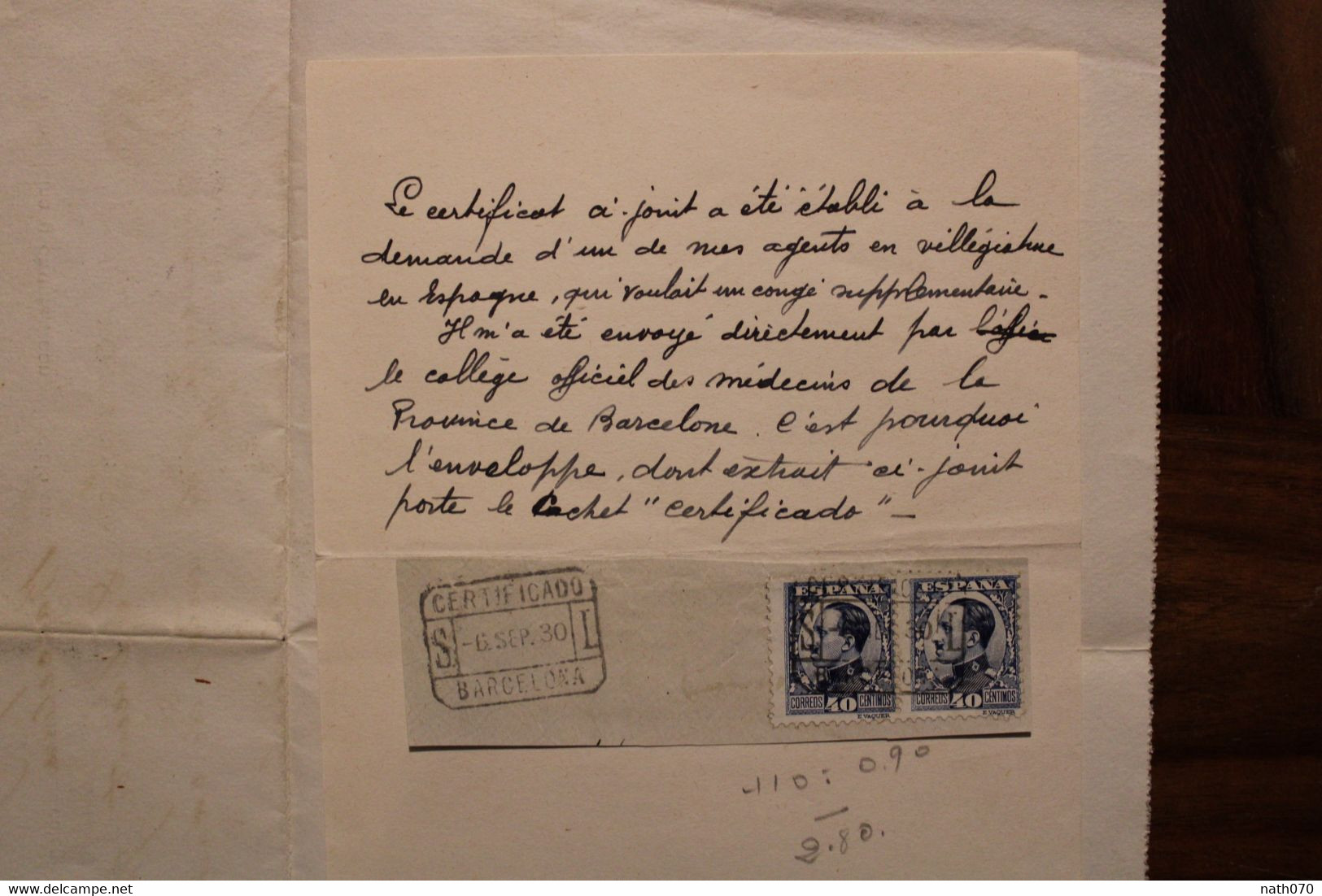 1930 Colegio De Medicos De La Provincia De Barcelona Sello Fiscal Espagne Cover Certificado - Fiscali