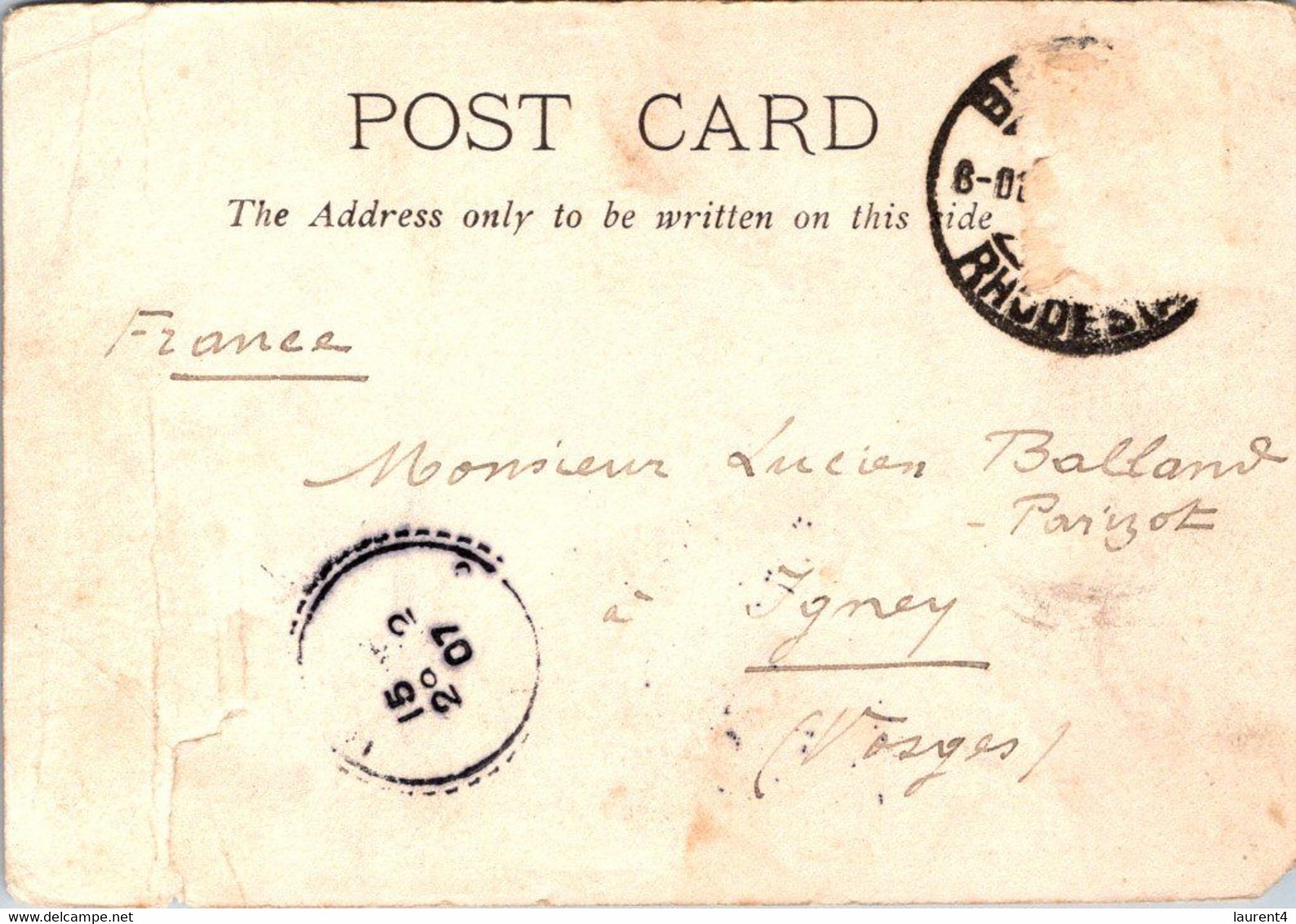 (1 N 41) VERY OLD - RHODESIA - (b/w) - Posted To France 1907 - Lake Victoria (small Tear Bottom Right) - Zimbabwe