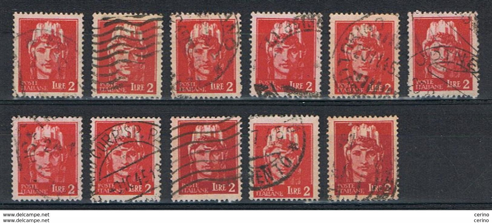 LUOGOTENENZA:  1945  EMISSIONE  DI  ROMA  -  £. 2  CARMINIO  US. -  RIPETUTO  11  VOLTE  -  SASS. 533 - Used