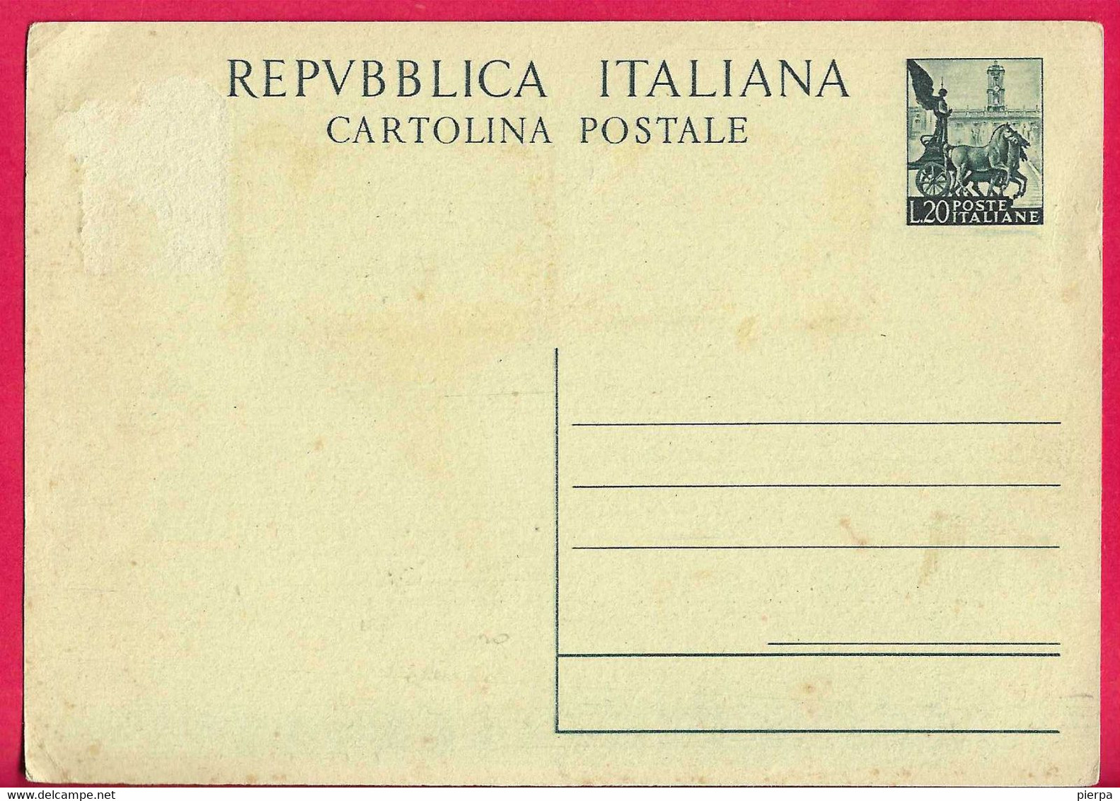 CARTOLINA POSTALE QUADRIGA LIRE 20 (CAT. INT.144) - NUOVA NON VIAGGIATA - Entiers Postaux