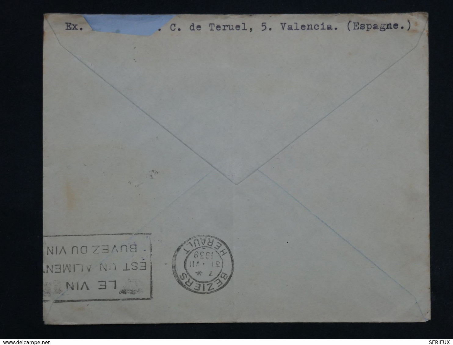 BK2  ESPANA  BELLE LETTRE CENSURA MILITAR 1939 VALENCIA  A BEZIERS  FRANCE + +AFF. INTERESSANT++ - Marques De Censures Nationalistes