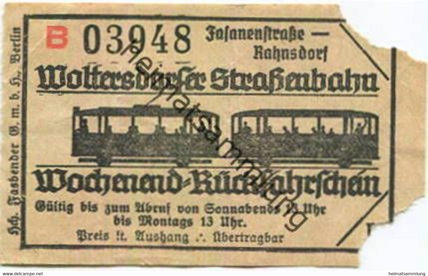 Deutschland - Woltersdorf - Woltersdorfer Strassenbahn - Wochenend-Rückfahrschein - Fasanenstrasse Rahnsdorf - Europe