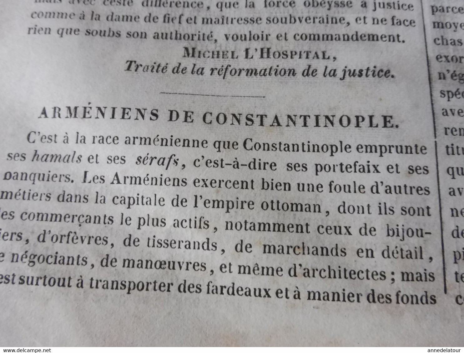 Année 1839: Gravure (pêche en hiver): André (Bruges) sculpteur sur bois; Arméniens de Constantinople et massacres ; etc