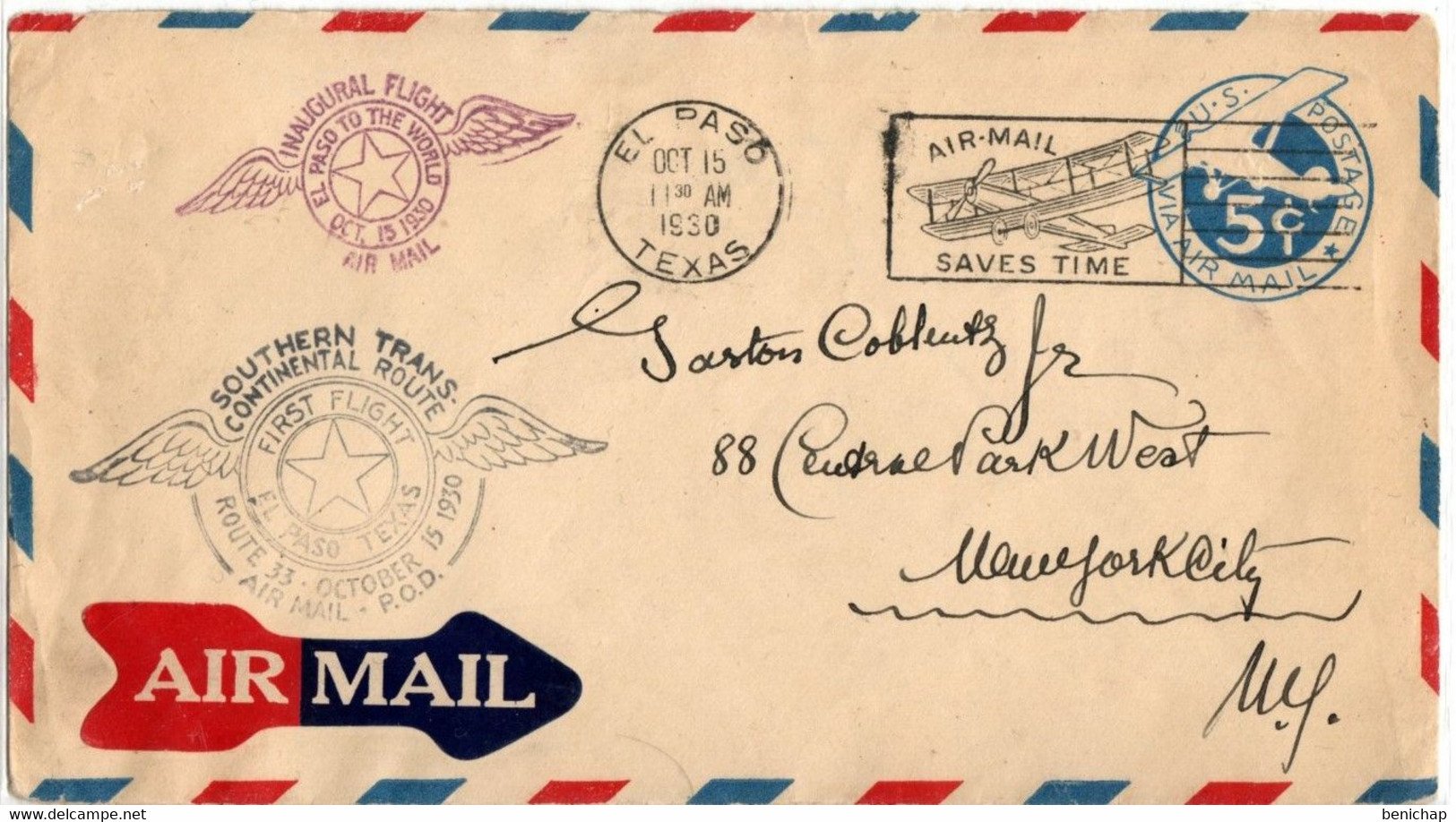 (R69) SCOTT UC1 5c  Blue - Inaugural Flight Route 33 - El Paso Texas - 15  October 1930. - 1c. 1918-1940 Covers