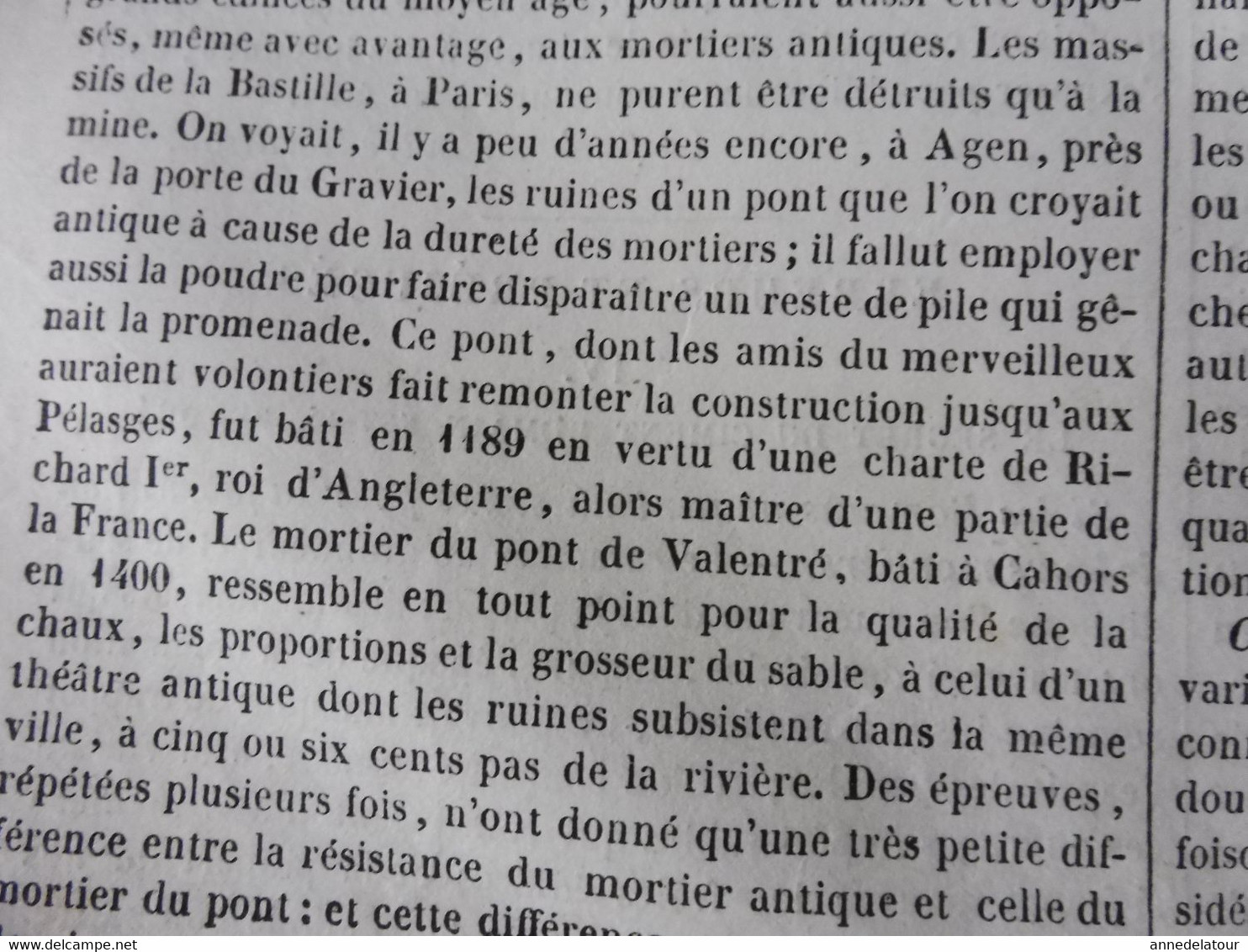 Année 1839:Gravure ( Cathédrale de Séville , cour des Orangers);Secret du ciment romain; Pierre bornale bretonne; etc