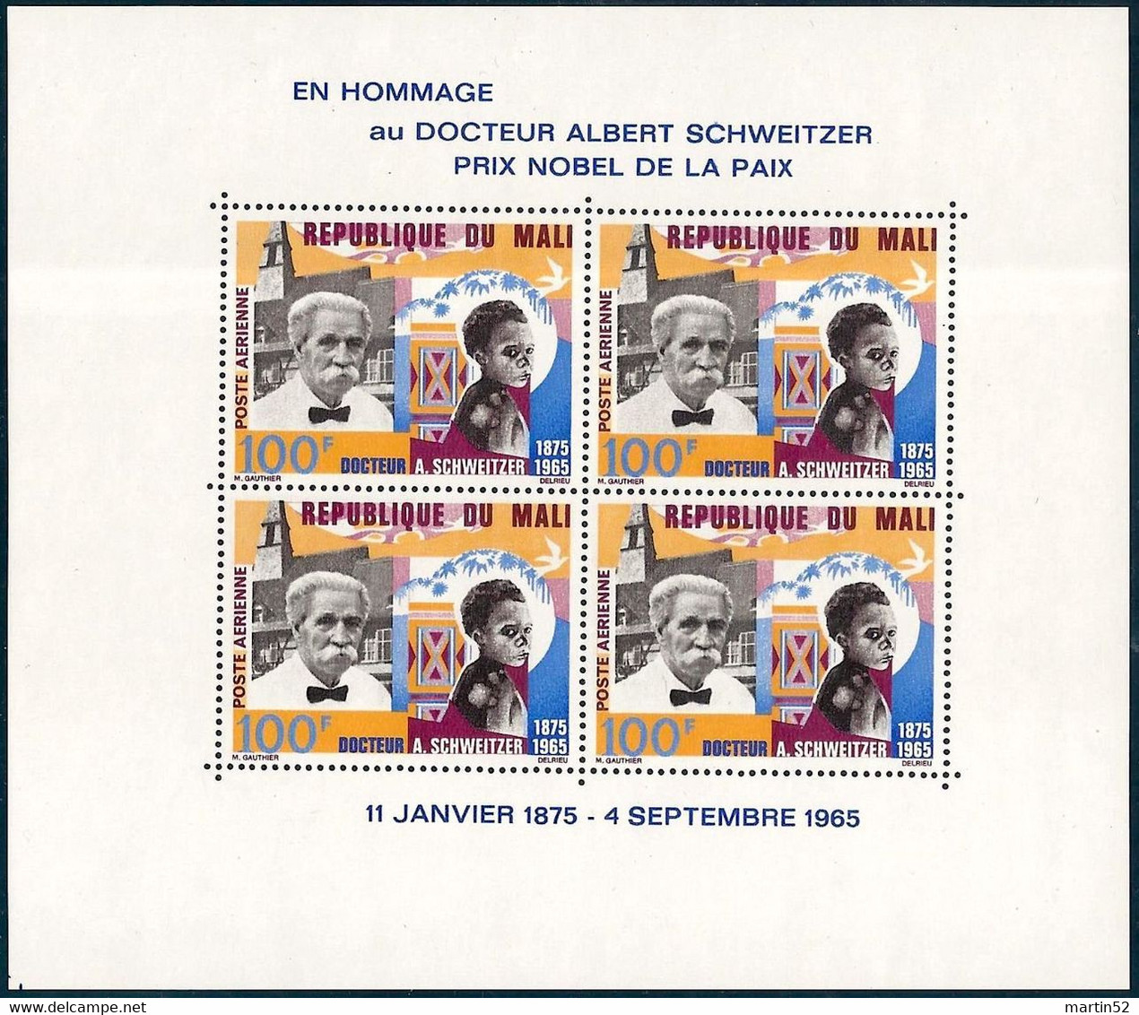 MALI 1965: ALBERT SCHWEITZER (1875-2965) Michel-N° 116 (du Bloc 4) ** MNH - Albert Schweitzer