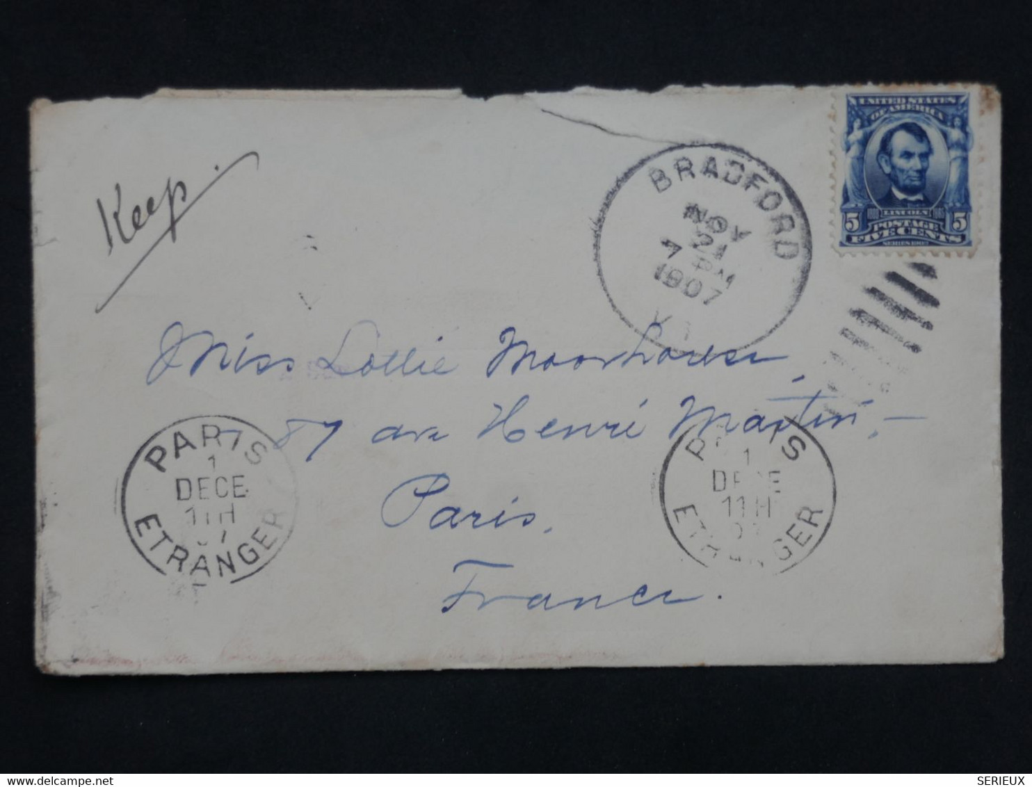 BK3  ETATS UNIS   BELLE  LETTRE  1907 BRADFORD   A PARIS FRANCE  +CACH. ETRANGER++AFF. INTERESSANT++ - Lettres & Documents