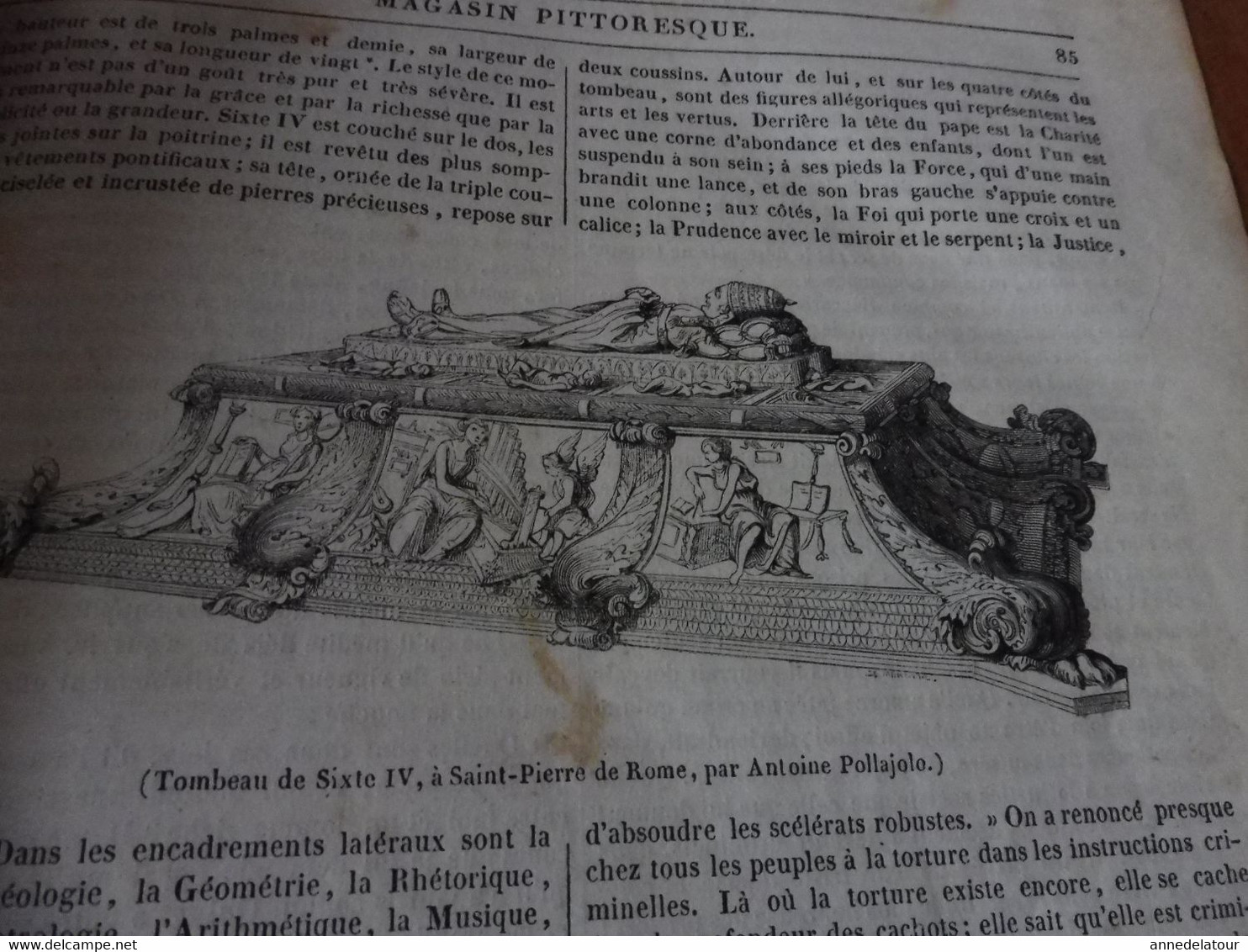 Année 1839: Une place de Vicence en Italie; Tombeau de Sixte IV à St- Pierre de Rome; Intelligence chez les animaux; Etc