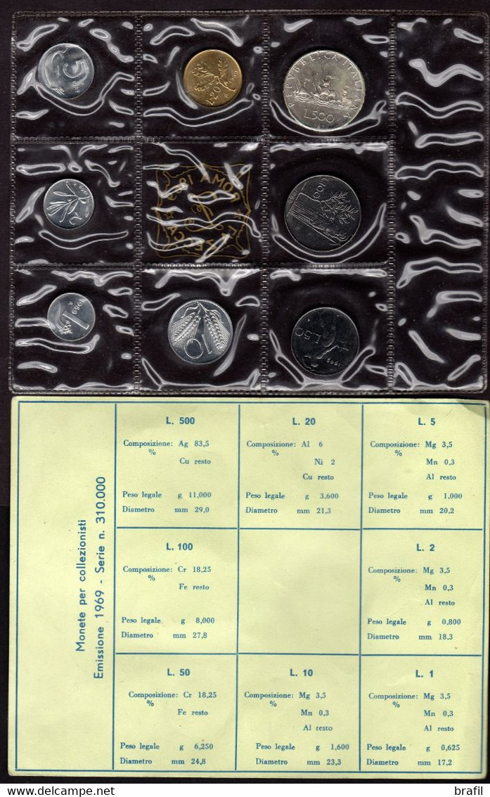 1969 Italia, Divisionale Con 500 Lire Argento - Sets Sin Usar &  Sets De Prueba