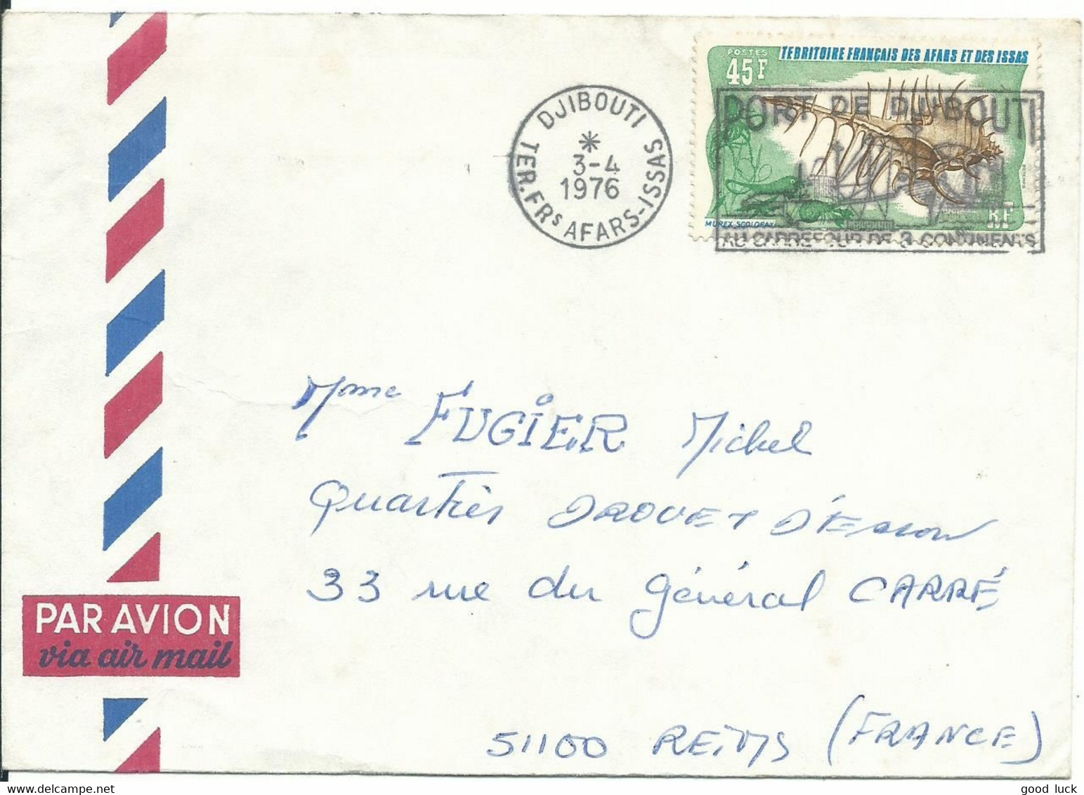 AFARS ET ISSAS LETTRE 45f  DE DJIBOUTI SEUL SUR LETTRE POUR REIMS ( MARNE ) PAR AVION DE 1976 LETTRE COVER - Brieven En Documenten