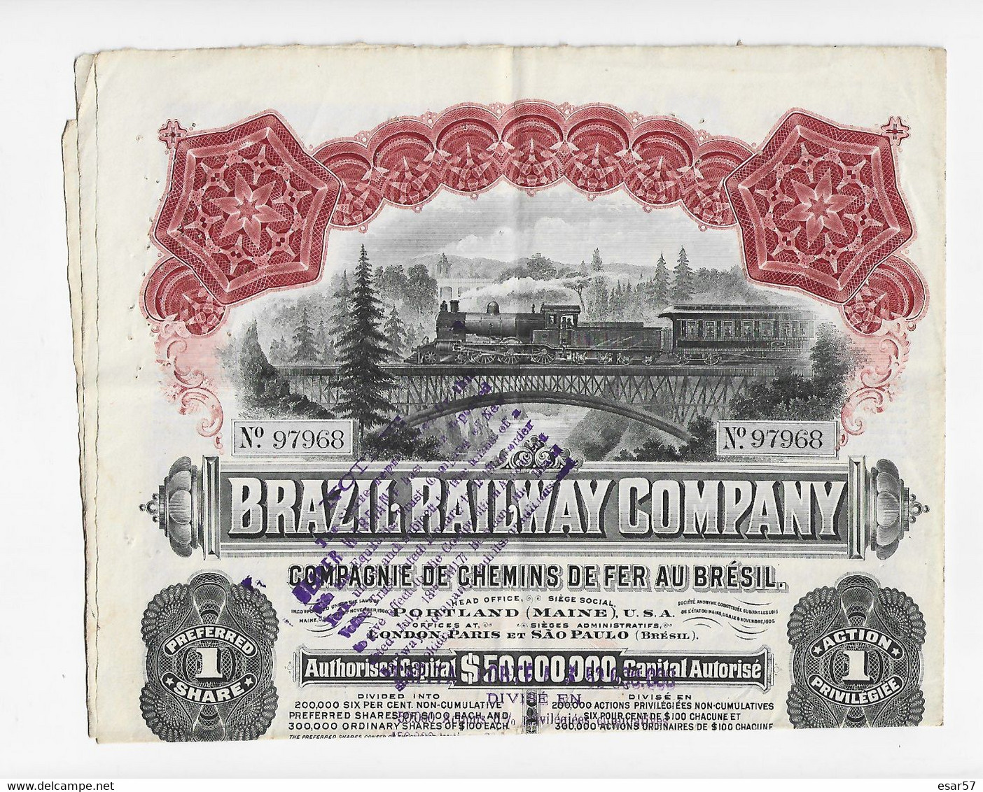 Brazil Railway Company - Compagnie De Chemins De Fer Au Brésil 1912 - Avec Reste Des Coupons - Chemin De Fer & Tramway