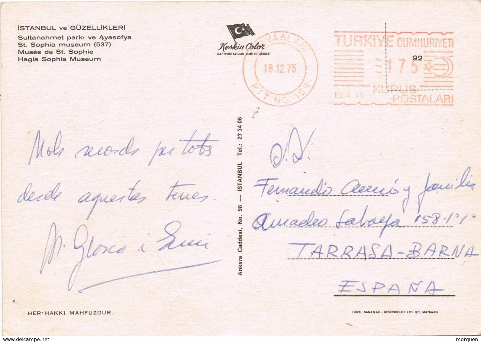 48177. Postal HAVAALANI (Turquia) 1975, Franqueo Mecanico. Istambul Museum St. Sofia - Cartas & Documentos