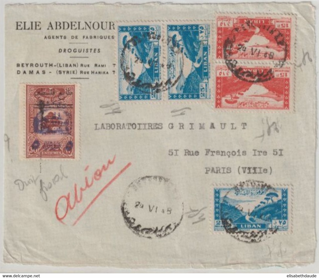 1948 - LIBAN - FISCAL ! DEVANT DE LETTRE (FRONT OF COVER) De BEYROUTH => PARIS - Liban