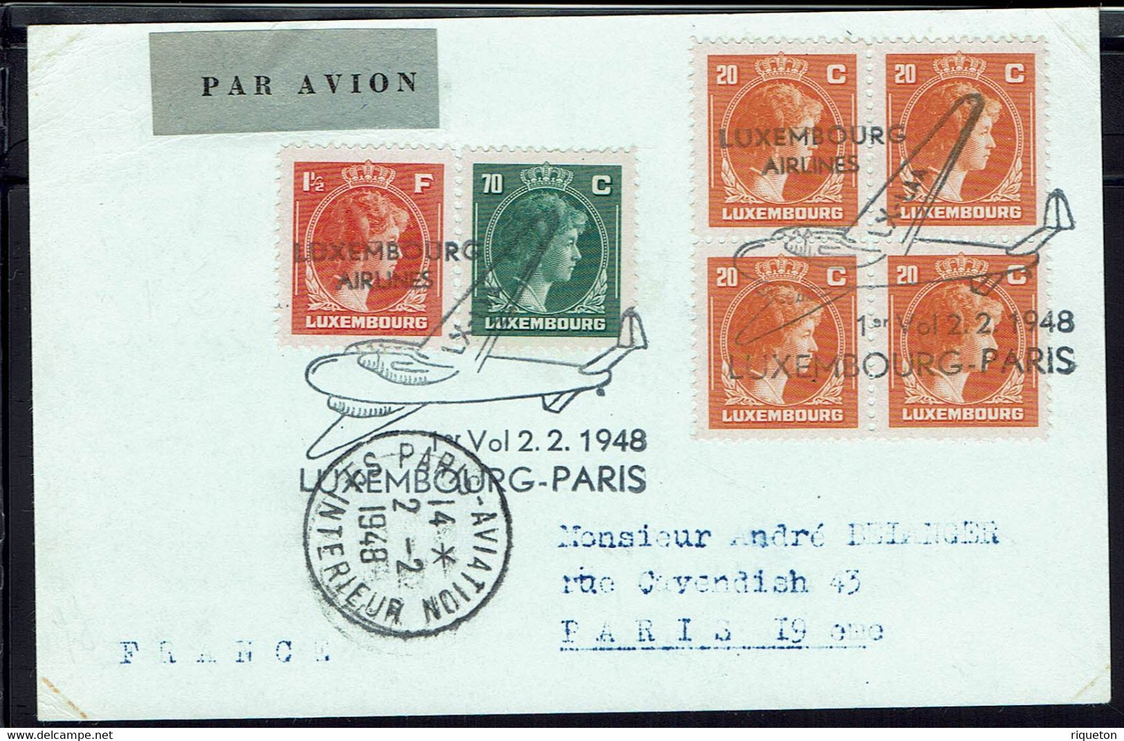 Luxembourg. Carte 1er Vol Luxembourg - Paris 2-2-1948 . - Brieven En Documenten