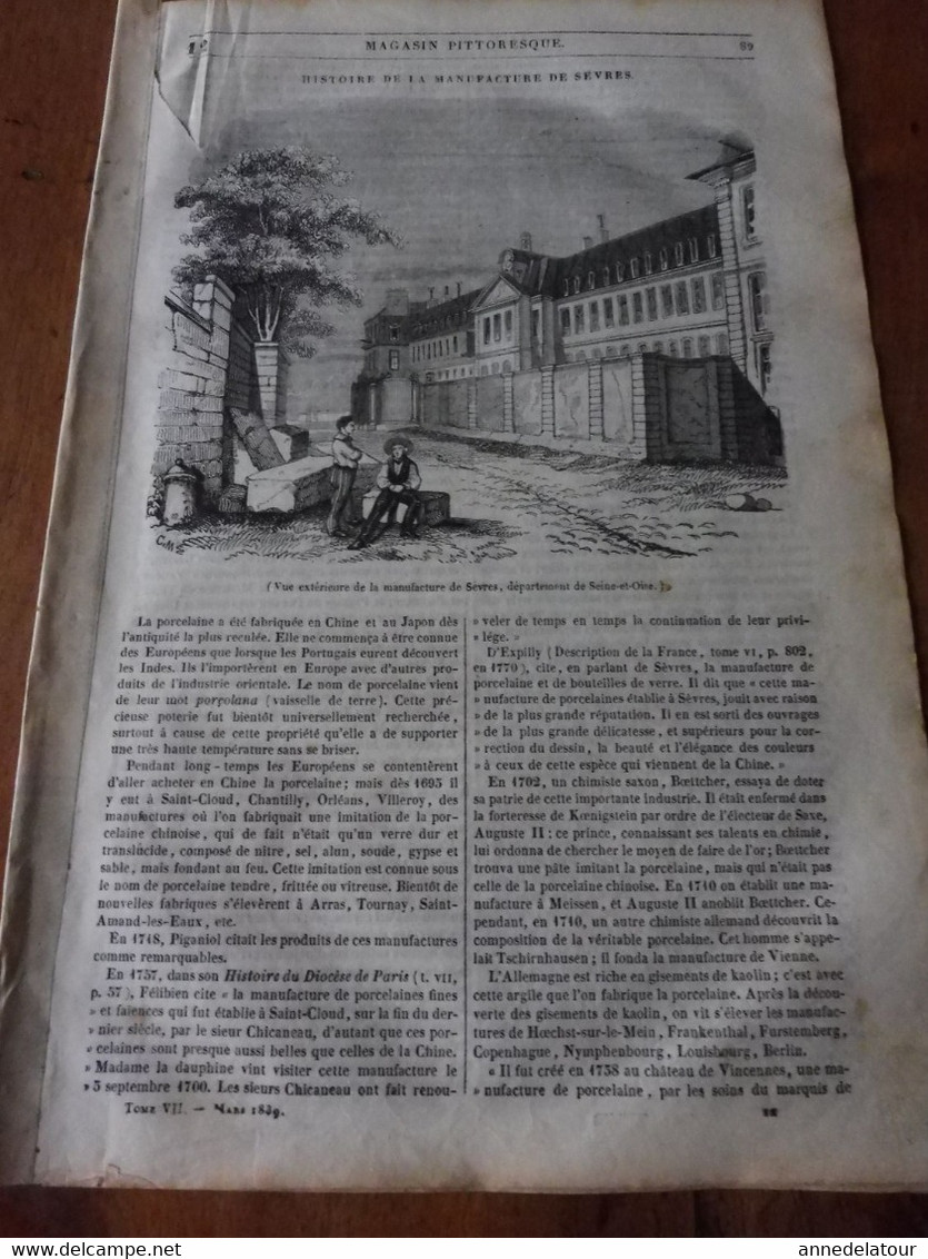 Année 1839: Manufacture De Sèvres Et Descriptions Des Poteries; Recette Infaillible Contre L'irrésolution ; Etc - 1800 - 1849