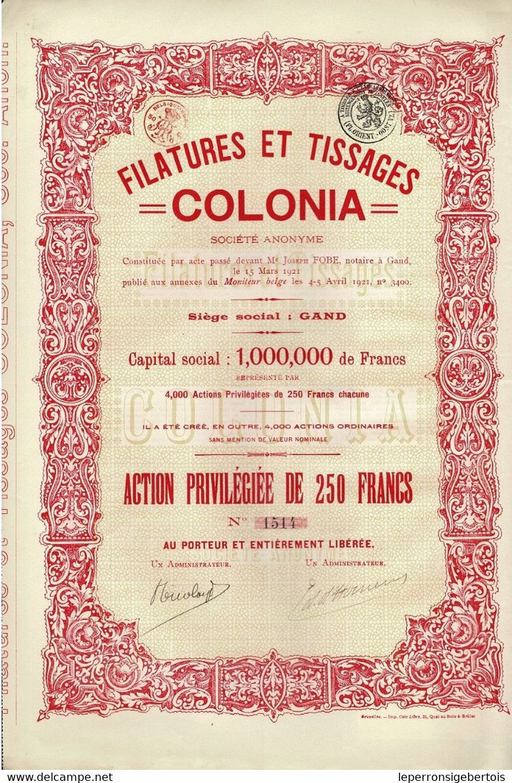 -Titre De 1921 - Filatures Et Tissages Colonia - - Tessili