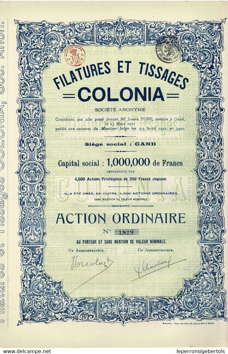 -Titre De 1921 - Filatures Et Tissages Colonia - - Tessili
