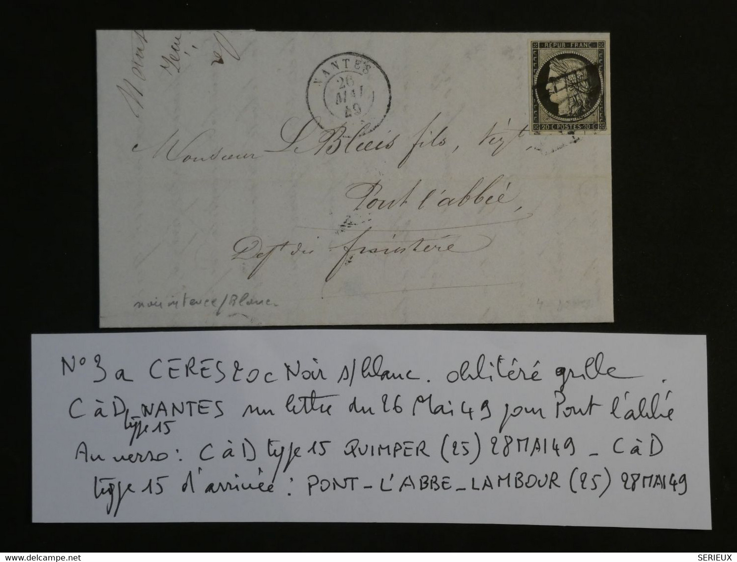 BK3 FRANCE BELLE  LETTRE  RARE 26 MAI 1849 NANTES A PONT L ABBé LAMBOUR  +CERES N°3 OB. GRILLE +++AFF. PRECOCE ++ - 1849-1850 Cérès