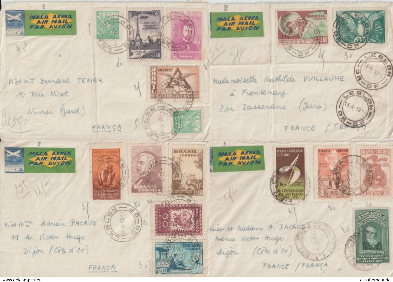 1953 - BRESIL - 4 ENVELOPPES Par AVION (ETIQUETTE !) De LEBLON => PASSENANS JURA  / GARD / DIJON - Briefe U. Dokumente