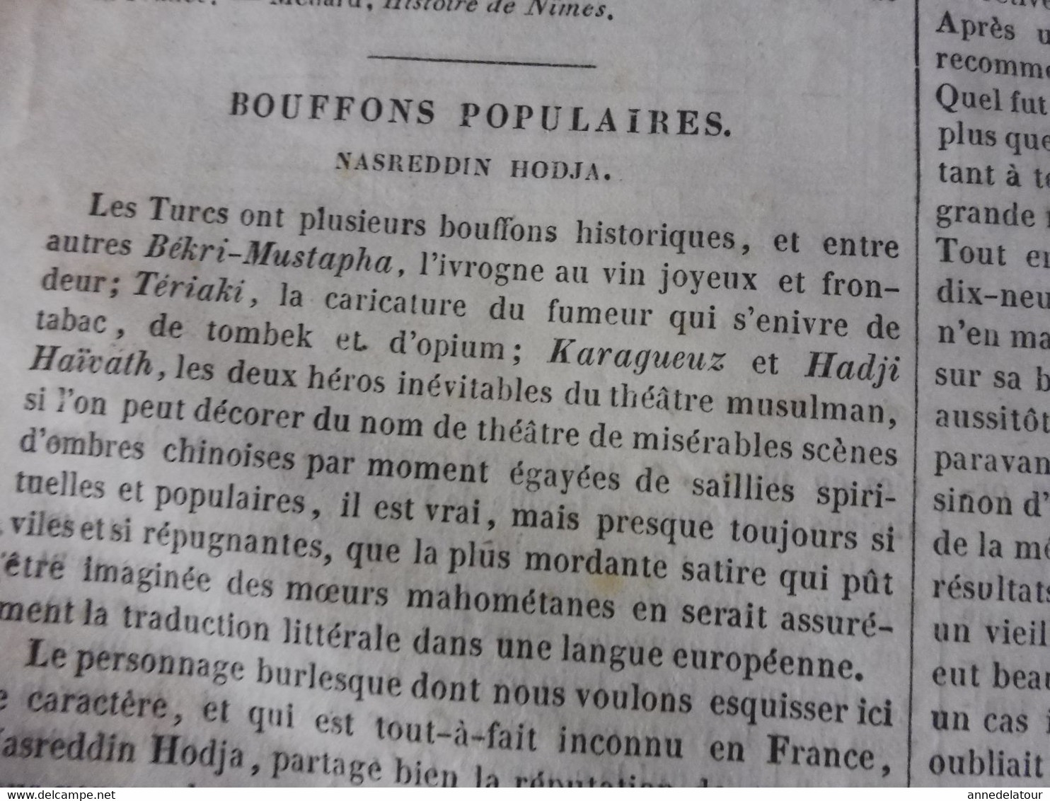 Année 1839: Trucs d'un vieux chasseur de truffes ;Les Thermes de Paris; Nasreddin Hodja bouffon populaire; Bouddha; Etc