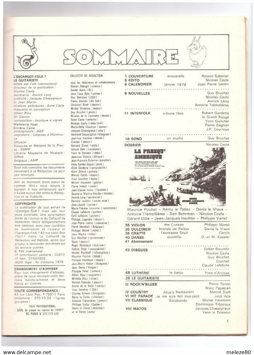 L'ESCARGOT FOLK  Nouvelle Série  N° 61  Janvier 1979 - Musique