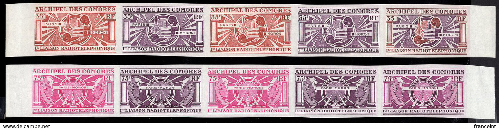 COMORO ISLANDS(1972) Radio Beacon. Telephones. Eiffel Tower. Set Of 2 Trial Color Proof Strips Of 5. Yvert PA42-3. - Other & Unclassified
