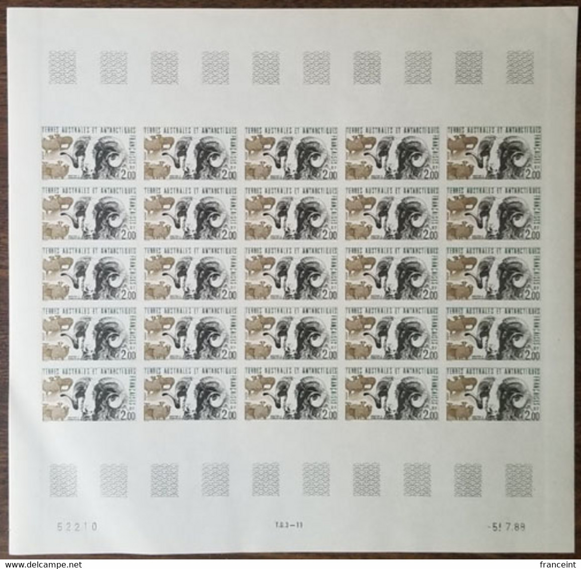 F.S.A.T.(1989) Mouflon. Full Sheet Of 25 Imperforates. Scott No 149, Yvert No 141. Slight Corner Bend. - Imperforates, Proofs & Errors