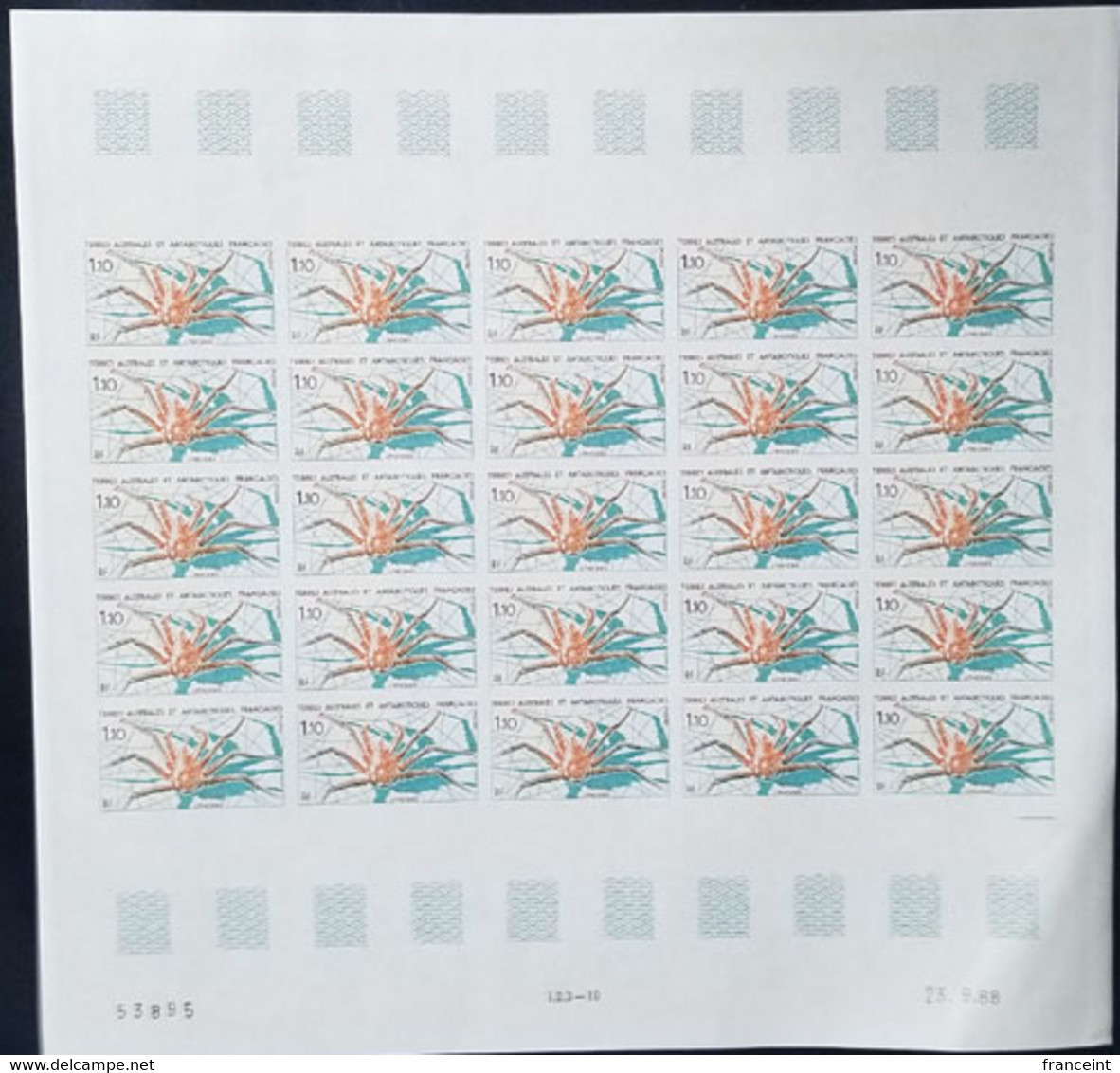 F.S.A.T.(1988) Lithodes. Full Sheet Of 25 Imperforates. Scott No 143, Yvert No 140. Slight Corner Bend. - Imperforates, Proofs & Errors