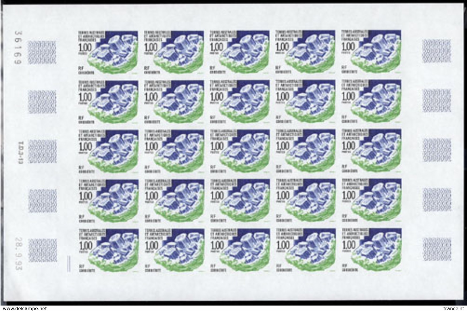 F.S.A.T.(1993) Cordierite. Full Sheet Of 25 Imperforates. Scott No 194, Yvert No 185. - Imperforates, Proofs & Errors