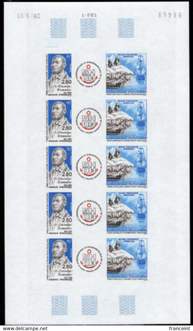 F.S.A.T.(1994) Adrien Vincendon. Measurement Of Magnetic Inclination. Full Sheet Of 10 Imperforates. Yvert 193a - Imperforates, Proofs & Errors