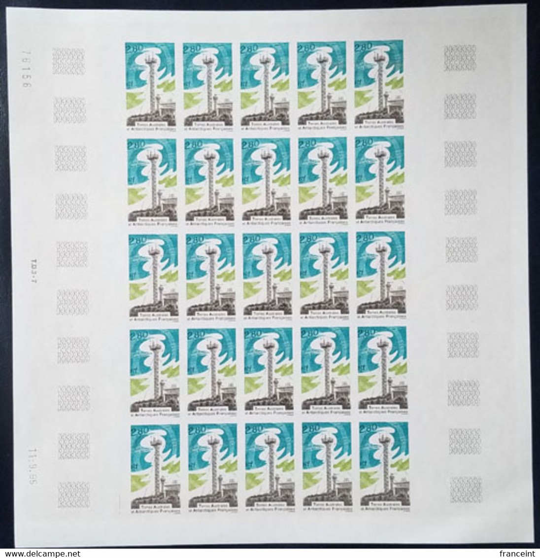 F.S.A.T.(1995) Research Station. Full Sheet Of 25 Imperforates. Scott No 215, Yvert No 210. Slight Corner Bend. - Imperforates, Proofs & Errors