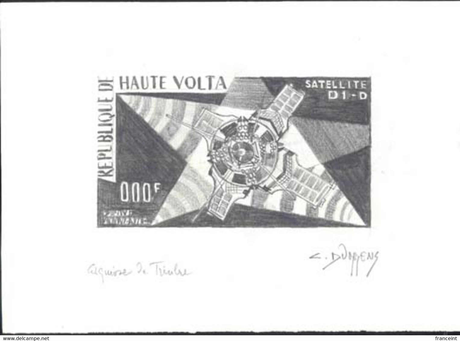 UPPER VOLTA(1967) D1-D Satellite. Original Artwork In Pencil On Cardboard Signed By The Artist DURRENS. Yvert PA39 - Verzamelingen